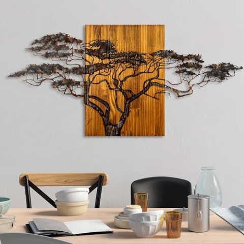 Hand-Painted Decorative Wooden Wall Accessory, 144 x 70 x 3 cm | 100% Solid Wood (3 cm) & Metal (1.5 mm) | Unique Design with Natural Variations