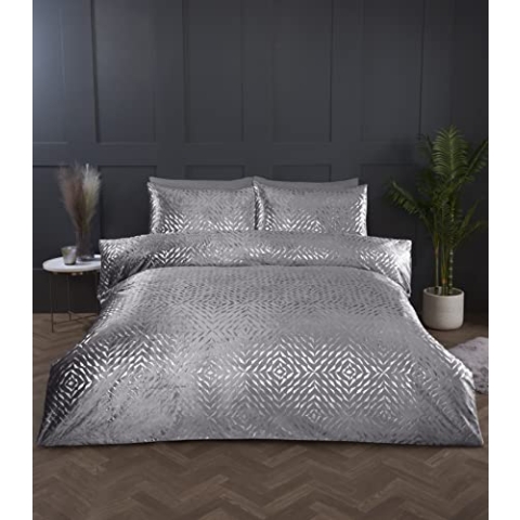 Rapport Home Silbernes Bettbezug-Set aus Pannesamt, Einzelbett, weicher und pflegeleichter Stoff (135 x 200 cm)