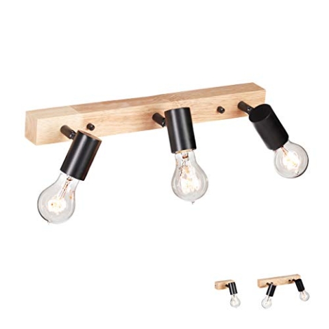 Relaxdays Wandlampe Holz, Retro Lampe für Wand & Decke, E27, 3 Strahler, Metall, Vintage, 7,5x44,5x13 cm, schwarz/natur