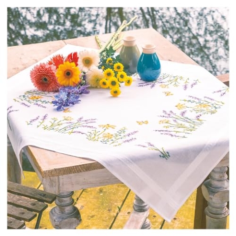 VERVACO Kreuzstich Stickpackungen Tischdecke Lavendel Stickdecken Vorgezeichnet Basteln Erwachsene Kreativ Set Vorgedruckte Decke Sticken ca. 80 x 80 cm Handarbeit Zubehör DIY Sticken Set