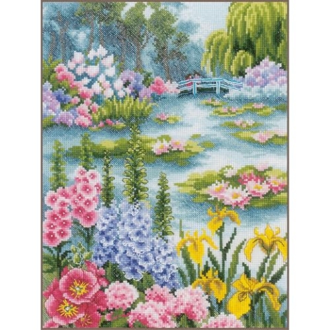 LANARTE Kreuzstich Stickpackungen Gezählter Kreuzstichbilder Set AM SEEROSENTEICH Wanddekoration Handarbeit Set für Erwachsene 24 x 33 cm DIY Deko Bastelset Handwerker Kreative Geschenkset