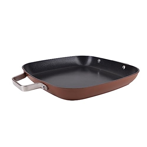 San Ignacio Agros - 28 cm Quadratgrillpfanne - aus geschmiedetem Aluminium - Innenquantan - Schwarzbeschichtung - Äußeres in Terrakottafarbe - Induktion - Lange Mango aus Lissabonblech