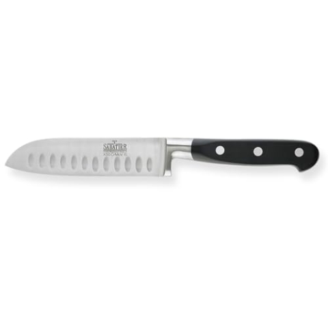 Richardson Sheffield V SABATIER Santoku-Messer, 12,5 cm lange Klinge, gehärteter Klingenstahl, rostfrei, extrem scharf, Profi Messer, Chefmesser, Universalmesser, mit Kullenschliff, Silber/Schwarz