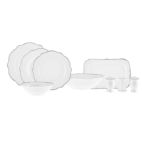 Karaca Pablo Geschirr Set New Generation Bone Platin, 59-teilig für 12 Personen, Servierteller, Kuchenteller, Grubenteller, Neue Knochen, Tafelservice, Täglich Servieren