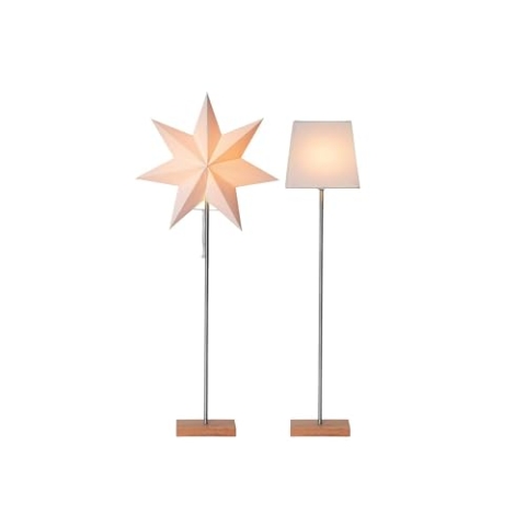 Stehlampe mit Wechselschirm Moa von Star Trading, 3D Papierstern Weihnachten oder eckiger Lampenschirm in Weiß mit Fuß aus Holz und Metall, Dekostern Stehleuchte mit Kabelschalter, E14, Höhe: 82 cm