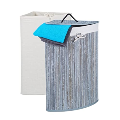 Relaxdays Eckwäschekorb Bambus, faltbarer Wäschesammler mit Deckel, 60 Liter, 2 Wäschesäcke, HBT 66 x 49,5 x 37 cm, grau, 1 Stück