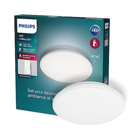 PHILIPS Wincel All-in-One Deckenleuchte inkl. Fernbedienung (40 W), dimmbare LED Leuchte mit allen Weißtönen, flexible Lichtsteuerung ohne Verkabelung, Weiß