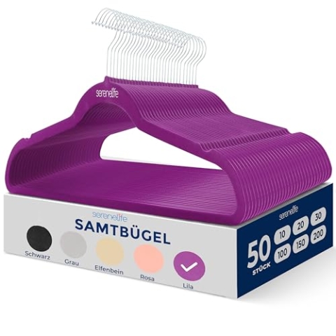 SereneLife Kleiderbügel Platzsparend Violett, 50 Stück Kleiderbügel Samt rutschfest, Hangers Clothes Ultradünn & Robust für Röcke, Hosen, Mäntel für Ihre Garderobe, Einkerbungen im Schulterbereich