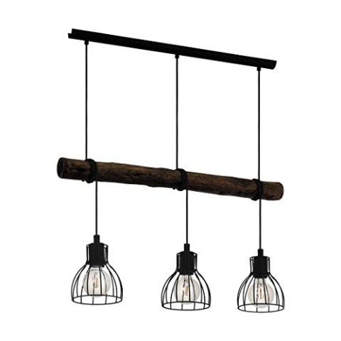 EGLO Pendelleuchte Horningtops, 3 flammige Hängelampe Vintage, Industrial, Retro, Hängeleuchte aus Stahl und Holz, Esstischlampe, Wohnzimmerlampe hängend in Schwarz, Dunkel-Braun, E27 Fassung