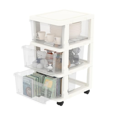Cetomo Clearview Kunststoff 3 Aufbewahrungsschubladen, Aufbewahrungsschubladenwagen mit 4 Rollen für Zuhause, Schrank, Schlafzimmer, Bad, Büro, Waschküche, Küche und Schulschlafsaal, weiß, 1er Set