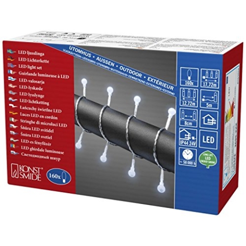 Konstsmide LED Globelichterkette, runde Dioden, 160 kalt weiße Dioden, 24V Außentrafo, transparentes Kabel - 3695-203