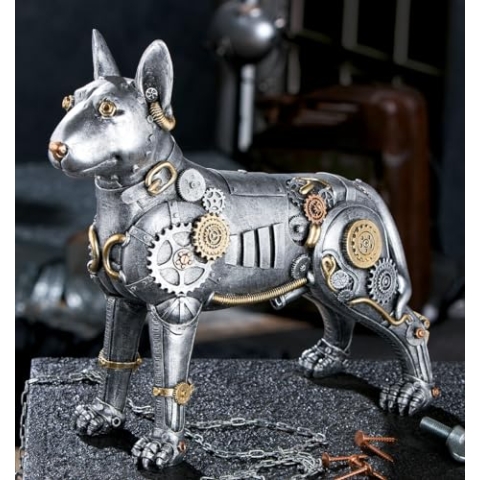 Casablanca Deko Figur Hund Pitbull - Tierfigur im Steampunk Design aus Kunstharz - Farbe: Antik Silber - Höhe 29 cm