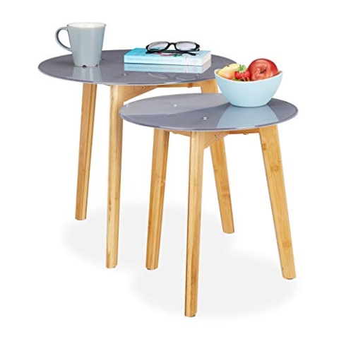 Relaxdays, grau/Natur 2er Set Beistelltisch, Bambus Beine, Glas Tischplatte, dekoratives Muster, Satztische, 40 & 50cm Ø, 45 x 50 x 50 cm
