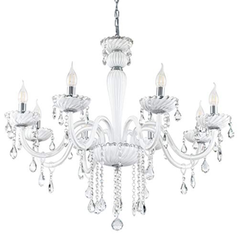 EGLO Pendelleuchte Carpento, 8 flammiger Kronleuchter Vintage, Shabby Chic, Hängelampe aus Stahl und Glas in Chrom, Weiß, Esstischlampe, Wohnzimmerlampe hängend mit E14 Fassung