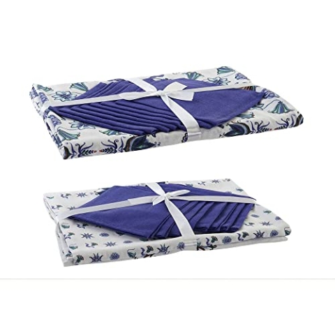 DKD Home Decor Tischdecke und Servietten Blau Baumwolle Weiß (25 x 26 x 0,5 cm) (150 x 250 x 0,5 cm) (2 Stück)