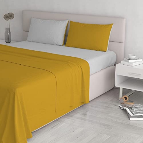 Italian Bed Linen Natürliche Farbe “Natural Colour” Bettwäsche Set, Baumwolle, Senf/Hellgrau, Doppelte