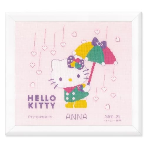 Vervaco Gezählter Kreuzstich Stickpackungen Stickset Baby Geburt Hello Kitty Pastellfarbig Wanddekoration Handarbeit Set für Erwachsene Kreatives Handwerk ca. 25 x 25 cm Geburt Geschenk Hausdeko
