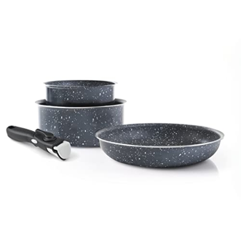 Qulinart by Brandt 194-009, 4-teiliges Kochgeschirr-Set, 2er-Set Kochtöpfe, Aluminium, 16/20 cm, grauer Marmor, und 1 Sauteuse 24 cm, marmorgrau aluminiumfarben