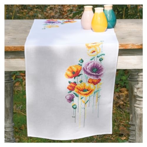 VERVACO Stickpackung Kreuzstich Set Vorgedruckt Tischläufer Mohnblumen Stickdecken Vorgezeichnet DIY Basteln Erwachsene Kreativ Set Stickläufer zum Selbersticken ca. 38 x 142 cm Handarbeit Zubehör