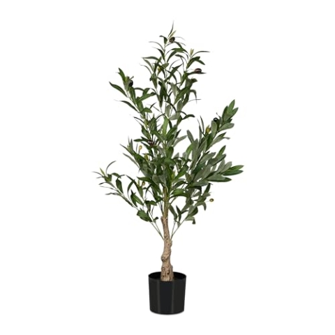 Relaxdays künstlich, 90 cm hoch, Kunststoff, Stein, Kunstpflanze, Deko-Olivenbaum, Kunstbaum, grün/braun