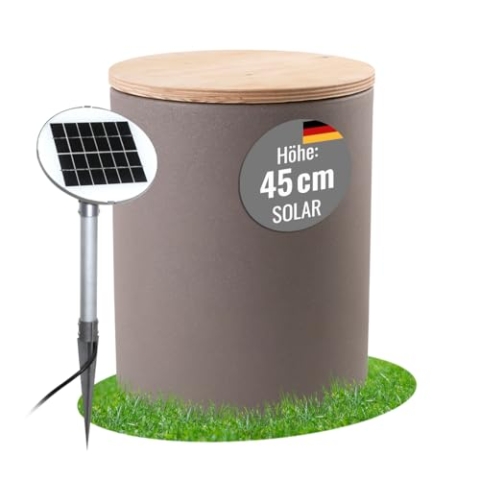 8 seasons design Beistelltisch Garten Solar 45 cm, Shining Drum (taupe), LED warmweiß, Dämmerungssensor – wetterfest – für außen, inkl. Holz-Deckel – Pflanzentopf, Getränkekühler