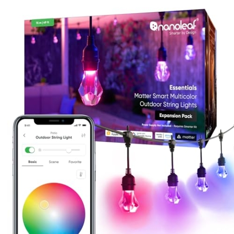 Nanoleaf Essentials Matter, LED Lichterkette Außen 15M Erweiterungs-Kit (RGBICW) - Smarte und Mehrfarbige mit 16 Mio. Farben, IP65 Wasserdicht, 20 Dimmbaren Glühbirnen, WLAN, Bluetooth & Matter-fähig