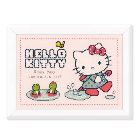 Vervaco Zählmuster Spaß im Regen Zählmusterpackung-Stickpackung im gezählten Kreuzstich, Baumwolle, Hello Kitty: Rainy Days, 34 x 24cm