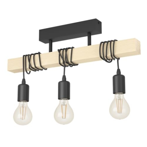 EGLO Deckenlampe Townshend, 3 flammige Vintage Deckenleuchte im Industrial Design, Retro Pendelleuchte aus Stahl und Holz, Schwarz, braun, FSC zertifiziert, E27 Fassung