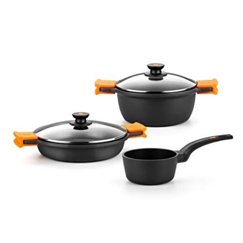 BRA Efficient - 5-teiliges Kochgeschirr aus Aluminiumguss, antihaftbeschichtet, geeignet für alle Herdarten und Induktion, Schwarz