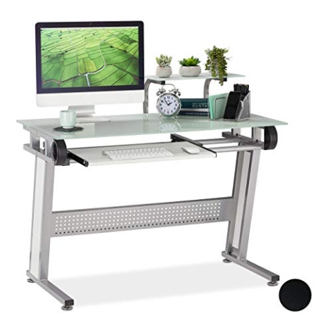 Relaxdays PC Schreibtisch, Glas, Tastaturauszug und Ablage, platzsparend, modernes Design, HBT 94x110x58 cm, weiß