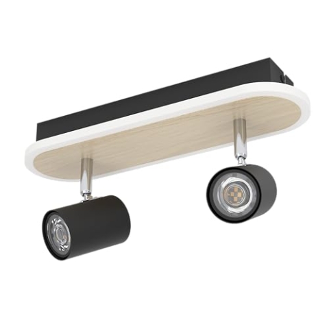 EGLO LED Deckenlampe Rimbocchi, ovale Deckenleuchte mit 2 Spots, Spotbalken schwenkbar, Deckenstrahler aus Metall in Schwarz und Holz-Optik, warmweiß, L 34 cm