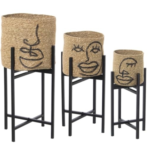 Alexandra House Living Blumentopf-Set, Metall, Rattan, Gesicht mit Ständer (3 Stück)