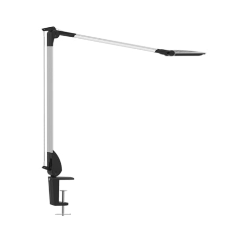 MAUL Schreibtischleuchte MAULoptimus | Schreibtischlampe aus Aluminium mit Klemmfuß | Farbtemperatur stufenlos einstellbar | Moderne, drehbare Lampe für Büro und Schreibtisch | Silber