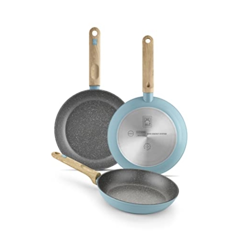 BRA Nordik | Set mit 20-24-28 cm großen Bratpfannen im nordischen Design aus geschmiedetem Aluminium mit Antihaftbeschichtung, geeignet für alle Herdarten, einschließlich Induktion, Farbe Türkis