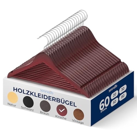 SereneLife Holzkleiderbügel, Kleiderbügel Kinder & Erwachsene, rutschfest, Platzsparend und Stabil, 360° drehbarer Haken, Einkerbungen im Schulterbereich, für Jede Garderobe, Rot, 60 Stück