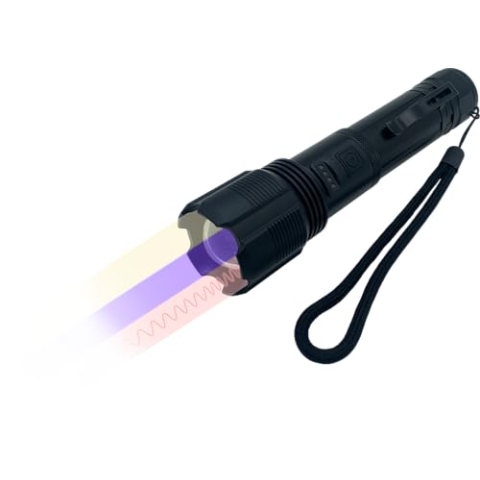 Berger + Schröter | Dreifunktions LED-Taschenlampe, Weiß, 940nm IR, 395nm UV Schwarzlicht, 25 mm Durchmesser, Aufladbar inkl. Akku, mit Gürtelclip