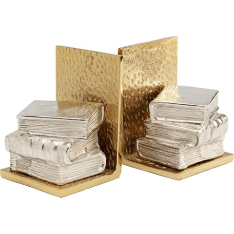 Kare Design Buchstütze Corner (2/Set), Gold/Silber, Deko Objekt, Accessoire, Bücher Motiv, Aluminium Gestell, Zimmerdekoration, Wohnzimmer, Home Office, Handgearbeitet, 23x15x12 cm (H/B/T)