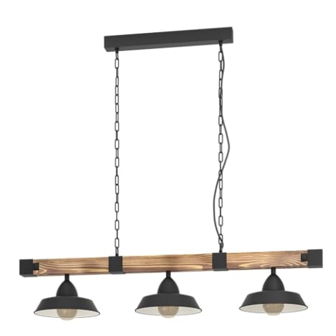 EGLO Hängelampe Oldbury, 2 flammige Vintage Pendelleuchte im Industrial Design, Pendellampe aus Stahl und Holz, Farbe Schwarz, braun rustikal, E27, 118 cm, FSC Zertifiziert
