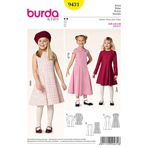 Burda 9431 Schnittmuster Kleid mit Kellerfalten (kids, Gr. 116 - 146) Level 2 leicht