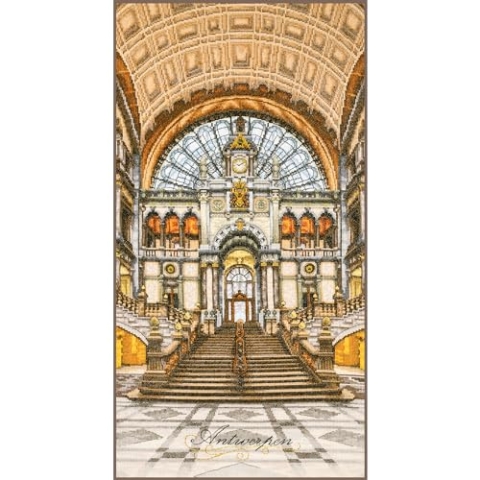 Lanarte Kreuzstich Stickpackungen Gezählter Kreuzstichbilder Set ANTWERPENER HAUPTBAHNHOF Wanddekoration Handarbeit Set für Erwachsene 35 x 70 cm DIY Deko Bastelset Handwerker Kreative Geschenkset