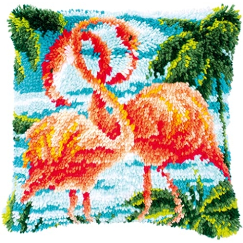 Vervaco Knüpfkissen Set Deko Kissenbezug Knüpfset für Anfänger 2 ROSA FLAMINGOS Basteln Erwachsene Kreativ DIY Handarbeit Kissen zum Selber Knüpfe 40 x 40 cm Latch Hook Kit Knüpfhaken Set Kissen