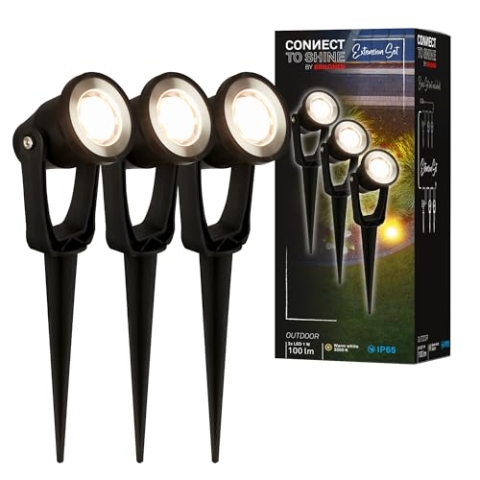 BRILONER - Connect to Shine 12V Gartensystem 3er Set LED Strahler mit Erdspieß, Erweiterungsset, IP65, warmweißes Licht, Gartenbeleuchtung, LED Gartenstrahler, 22,5x6x5 cm, Schwarz