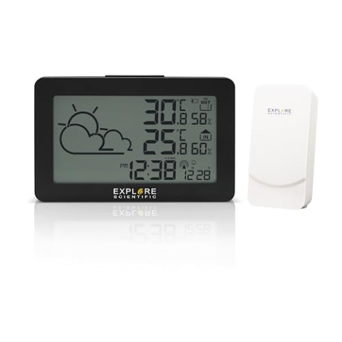 EXPLORE SCIENTIFIC WSH-4002 Wetterstation, Funkuhr, Temperatur und Luftfeuchtigkeit im Innen- und Außenbereich, LCD-Display, Hintergrundbeleuchtung, Schwarz
