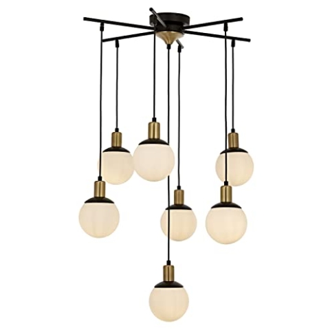 Opviq Modern Chandelier with Metal Body & Glass Cap, 110 cm Height, 70 cm Diameter | 7 x E27 Max 40W | Black, White & Bronze | Glam & Industrial Design