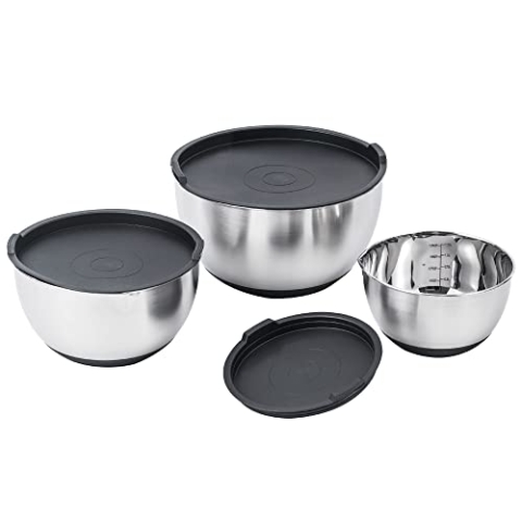 KITCHEN MOVE Alva Salatschüssel/Rührschüsseln aus Edelstahl, mit Deckel und Ausgießer, 3 Stück