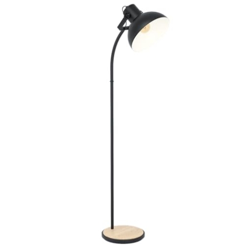 EGLO Stehlampe Lubenham, Vintage Stehleuchte im Industrial Design, Retro Standlampe aus Stahl und Holz, Farbe Schwarz, braun, Fassung E27, FSC zertifiziert, inkl. Trittschalter