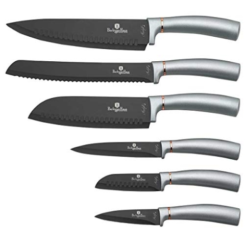 Berlinger Haus Moonlight 6er-Set Profi-Küchenmesser, Klinge aus Edelstahl, Antihaftbeschichtung, Kochen Messer, Zwiebel, Brot, Santoku, Schälen, Ergonomischer Griff, Elegantes Design, Grau, BH-2512