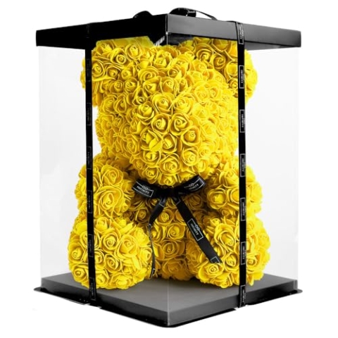 Infinity® Rosenbär Gelb 40 cm – Handgefertigter Bär mit Geschenkbox & über 600 duftenden 3D-Rosen – Geschenk für Frauen, Geburtstag oder Jahrestag
