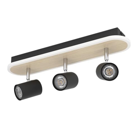 EGLO LED Deckenlampe Rimbocchi, ovale Deckenleuchte mit 3 Spots, Spotbalken schwenkbar, Deckenstrahler aus Metall in Schwarz und Holz-Optik, warmweiß, L 34 cm