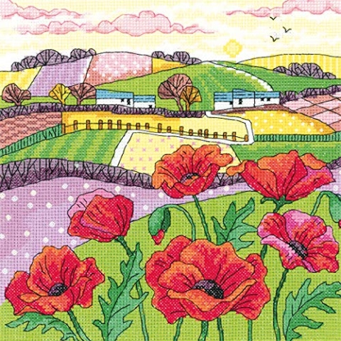 Heritage Kreuzstich Set Aida "Mohnlandschaft", Zählmuster, KCPL1475-A, 20,5x20,5cm